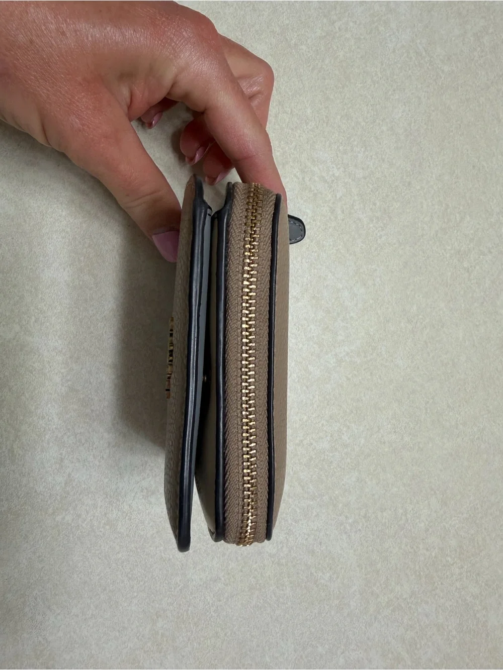 Coach Pebbled Leather Zip Wallet in Taupe Brown with Gold Logo